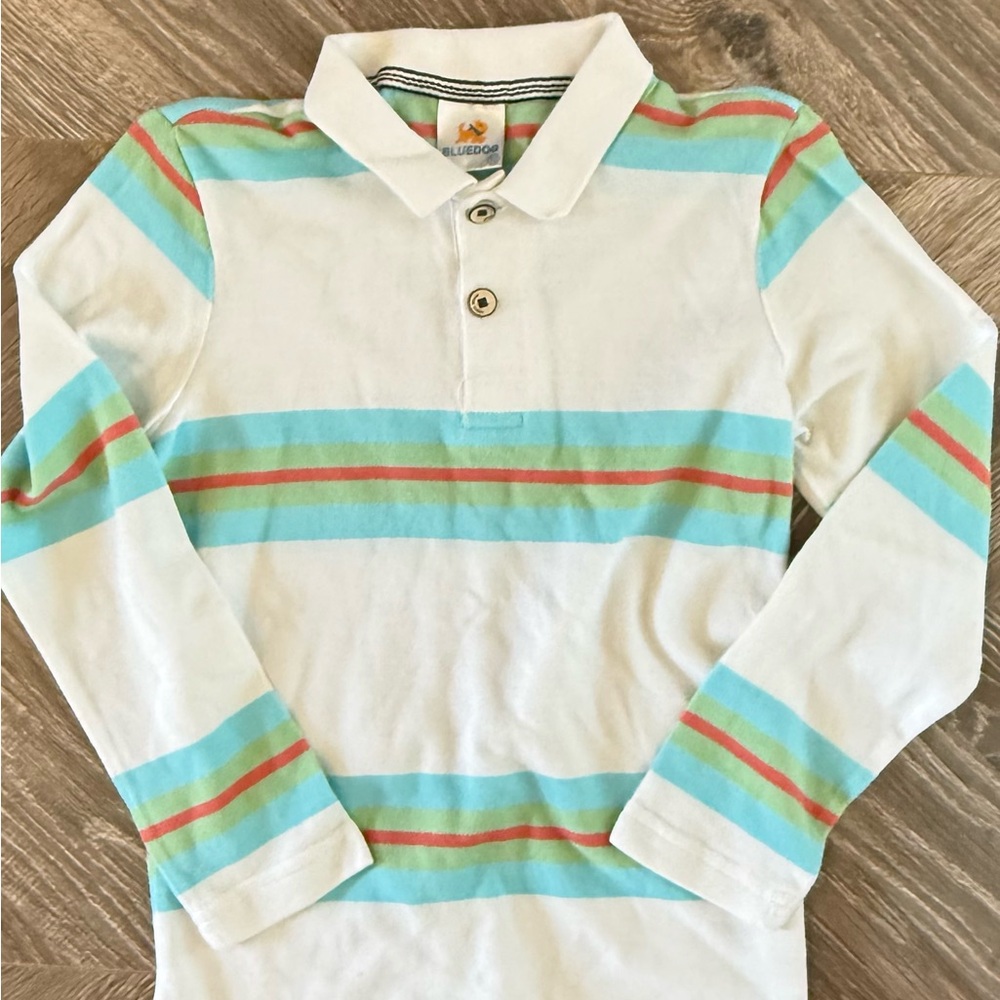 Bluedog Boys White Long-Sleeve Polo with Aqua & Coral Stripes